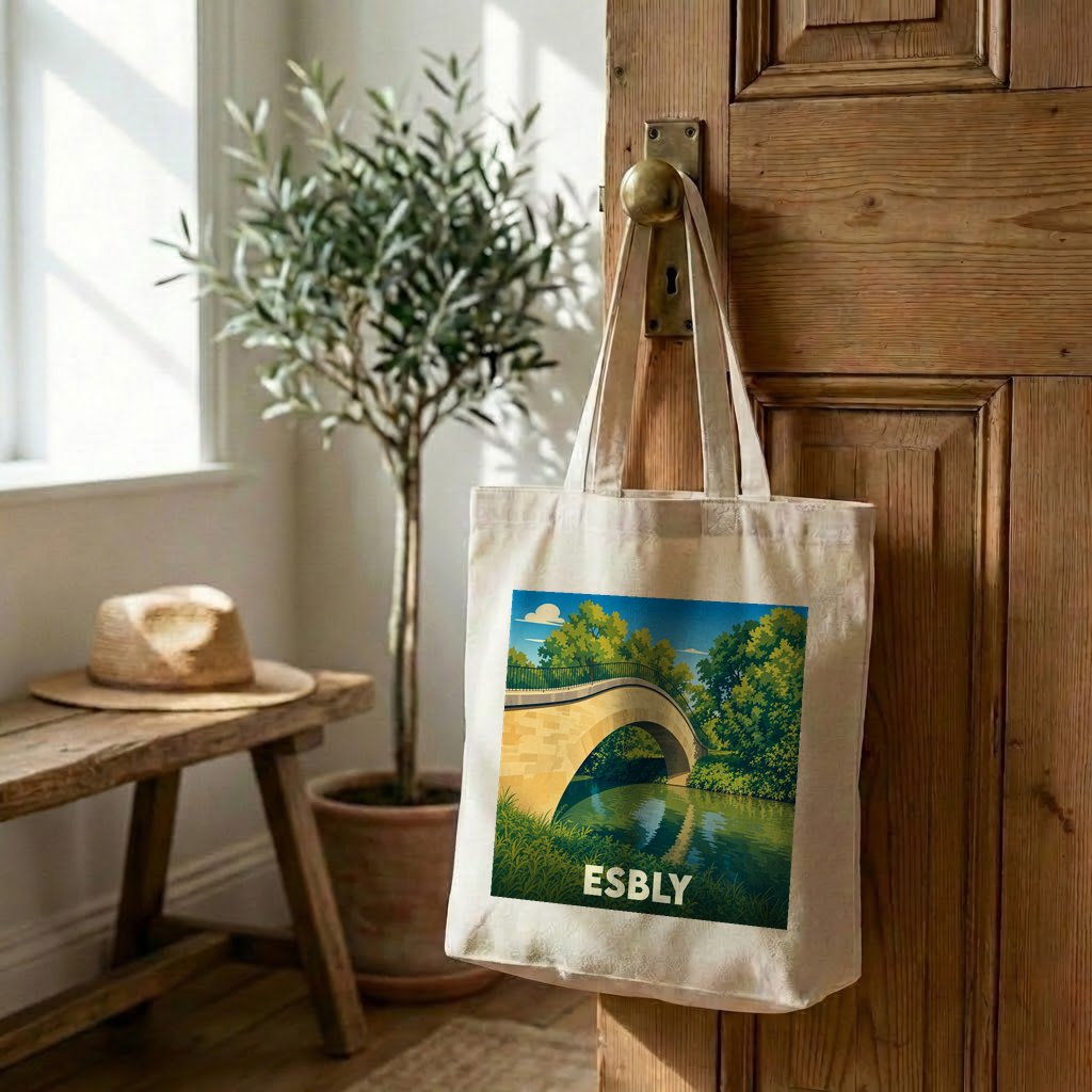 Tote bag souvenir de la ville d'Esbly avec une illustration stylisée d'un pont au-dessus de l'eau.