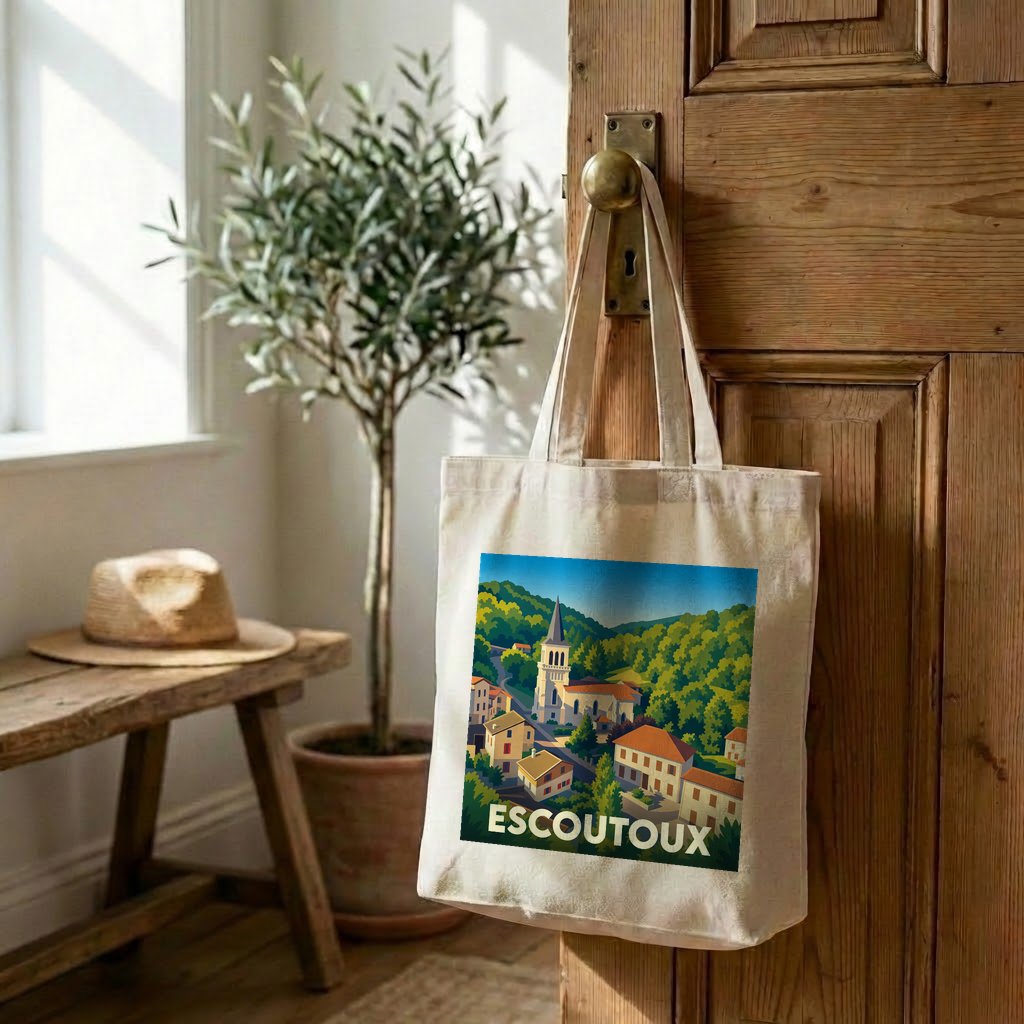 Tote bag souvenir de la ville d'Escoutoux avec une illustration stylisée de son église et de ses paysages verdoyants.