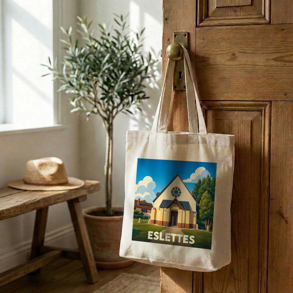 Tote bag souvenir de la ville d'Eslettes avec une illustration stylisée de son église.