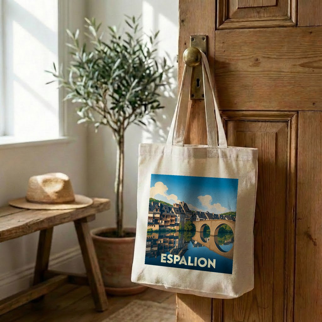 Tote bag souvenir de la ville d'Espalion avec une illustration stylisée d'un pont et de maisons anciennes.