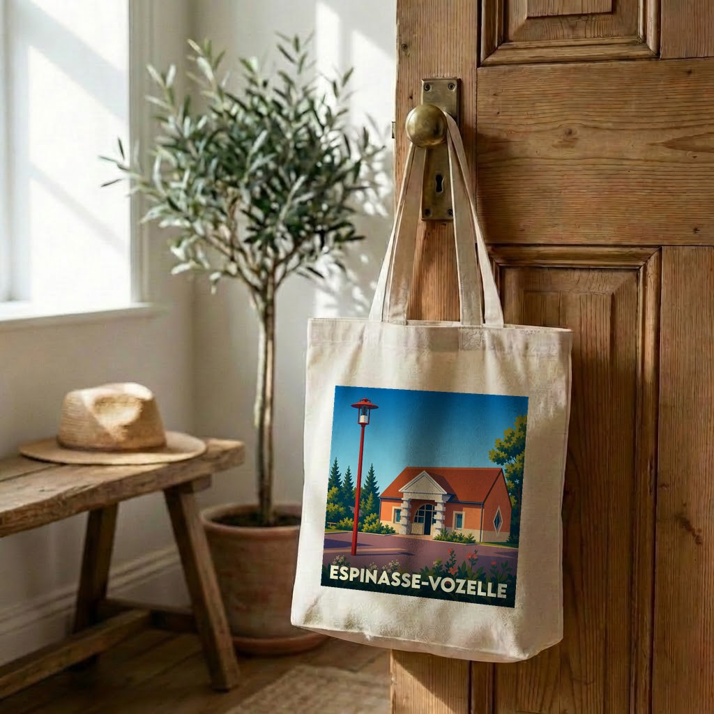Tote bag souvenir de la ville d'Espinasse-Vozelle avec une illustration stylisée d'un paysage local.