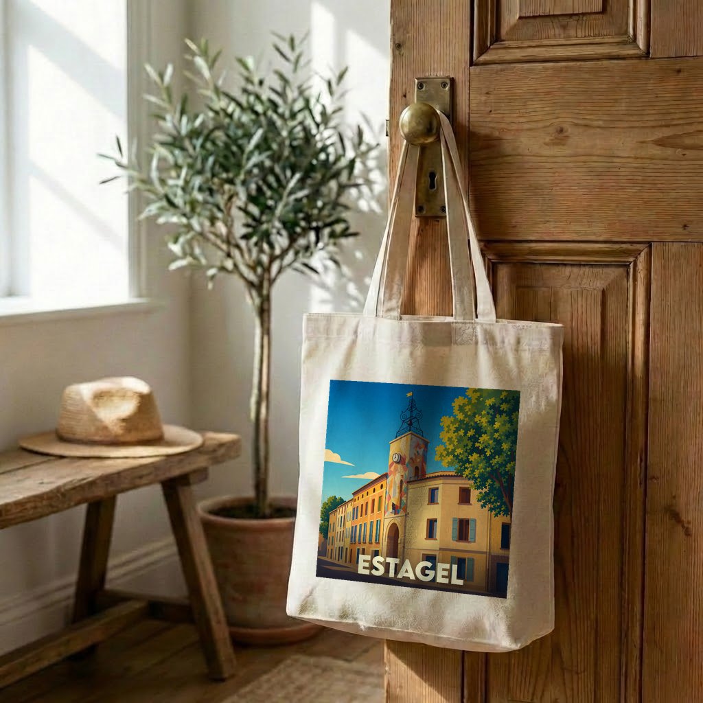 Tote bag souvenir de la ville d'Estagel avec une illustration stylisée d'un clocher ensoleillé.