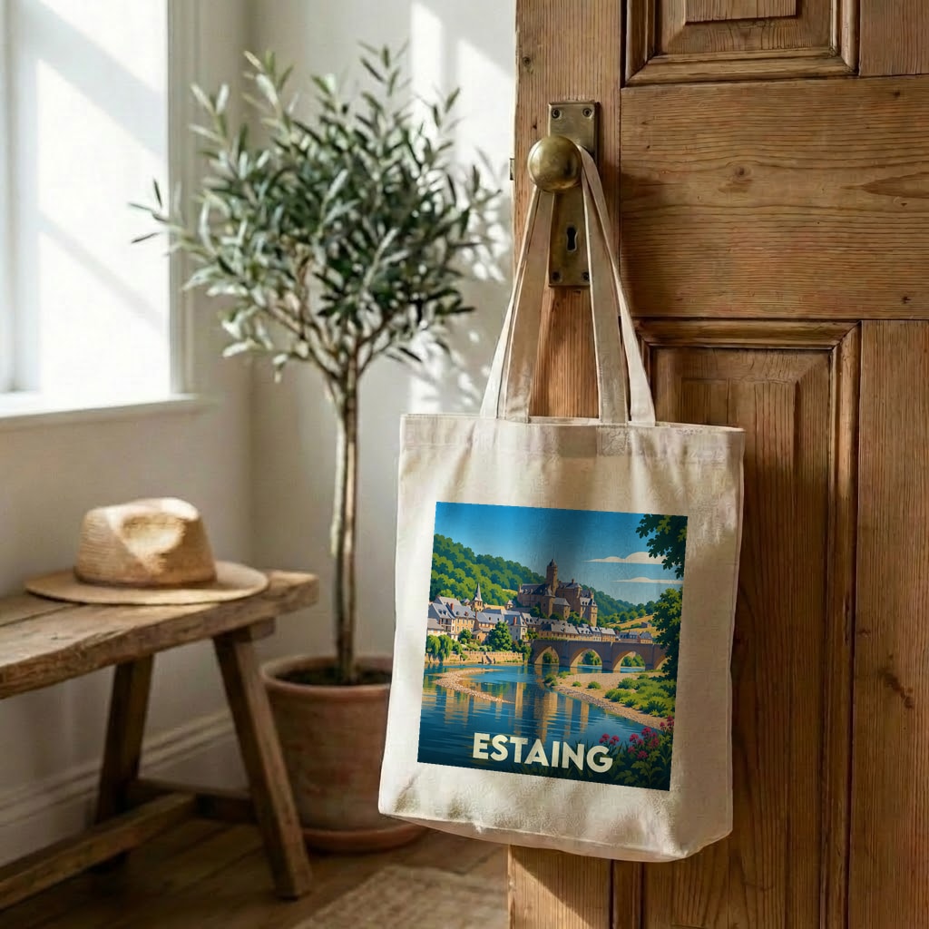 Tote bag souvenir de la ville d'Estaing avec une illustration stylisée d'un paysage de l'Aveyron.