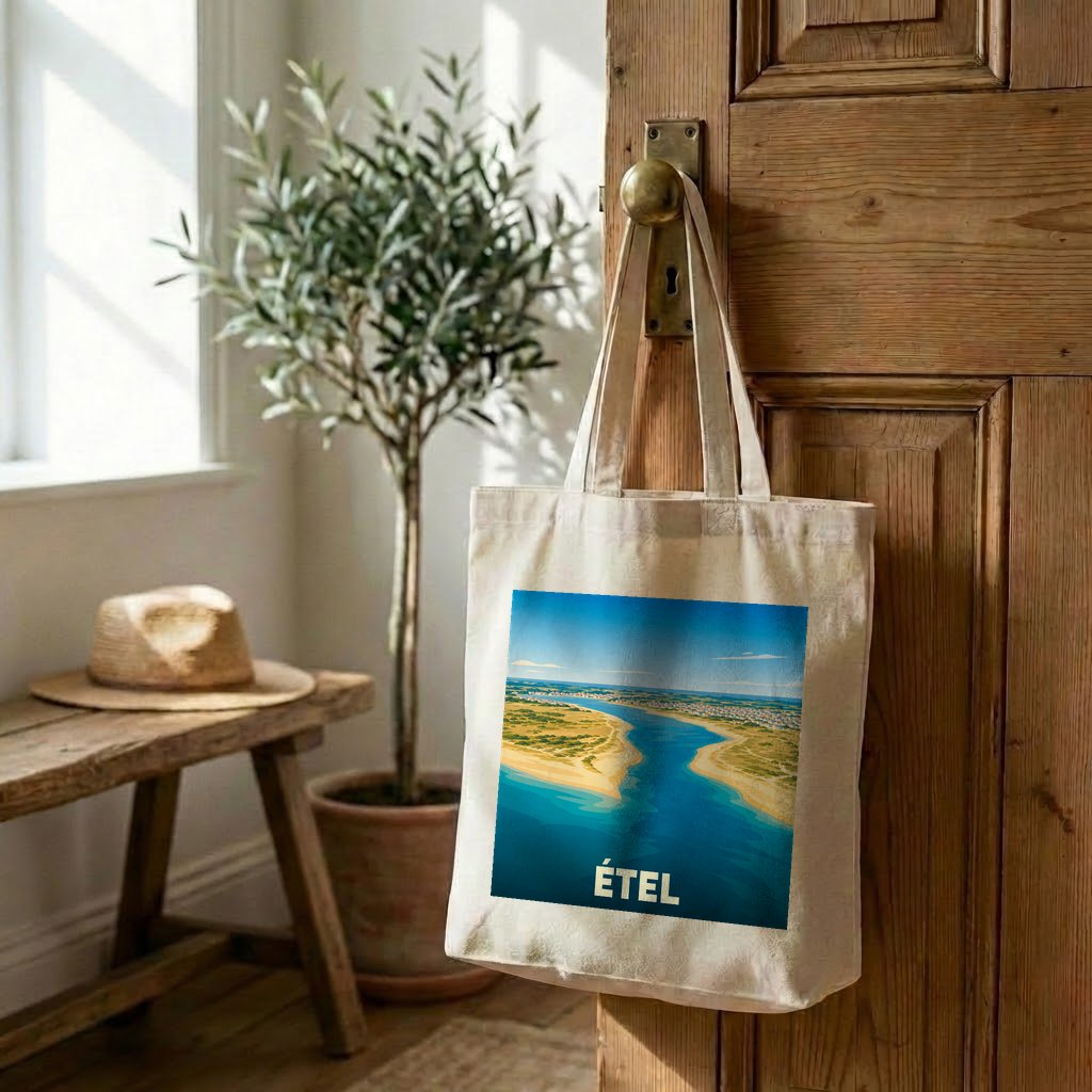 Tote bag souvenir de la ville d'Étel avec une illustration stylisée d'un paysage côtier.