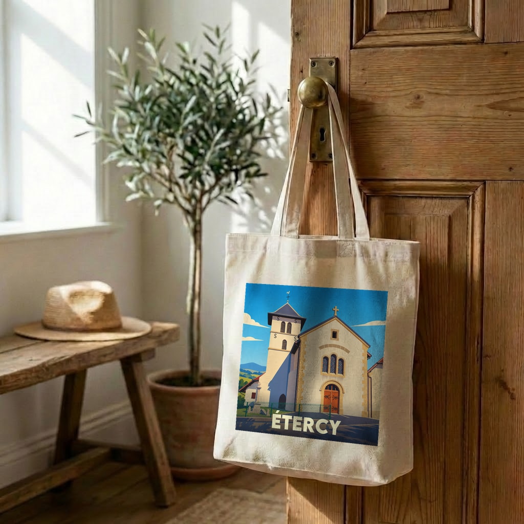 Tote bag souvenir de la ville d'Étercy avec une illustration stylisée de son église.