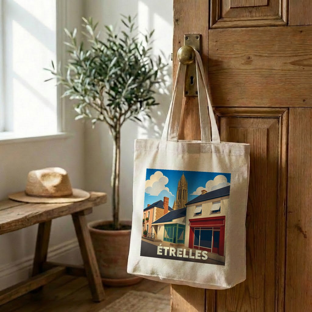 Sac cabas souvenir de la ville d'Étrelles avec une illustration stylisée.