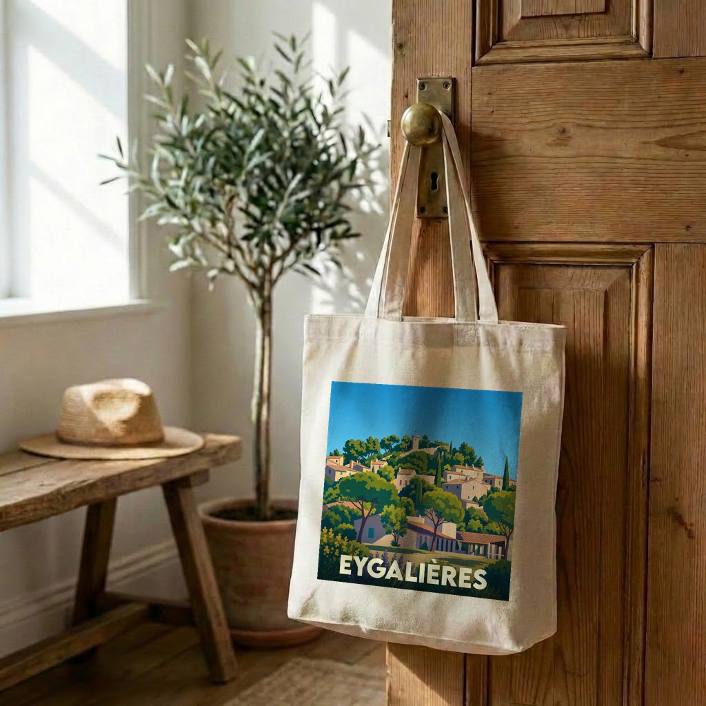 Tote bag souvenir de la ville d'Eygalières avec une illustration stylisée d'un village provençal.