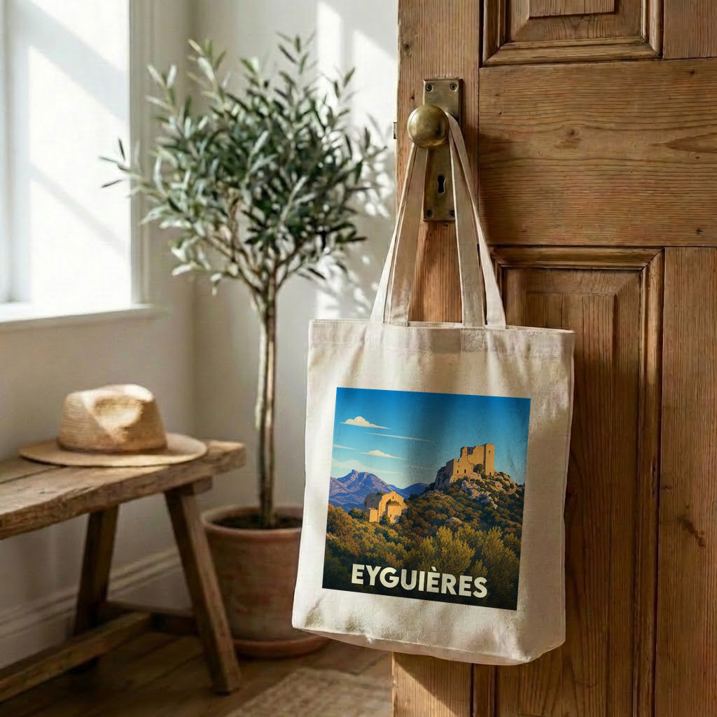 Tote bag souvenir de la ville d'Eyguières orné d'une illustration stylisée de son paysage provençal.