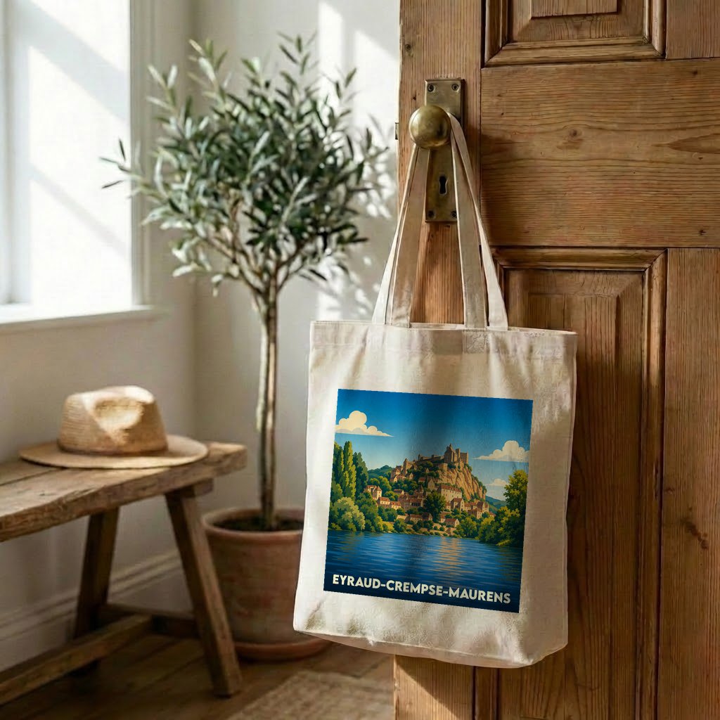 Tote bag souvenir de la ville d'Eyraud-Crempse-Maurens avec une illustration stylisée d'un village au bord de l'eau.