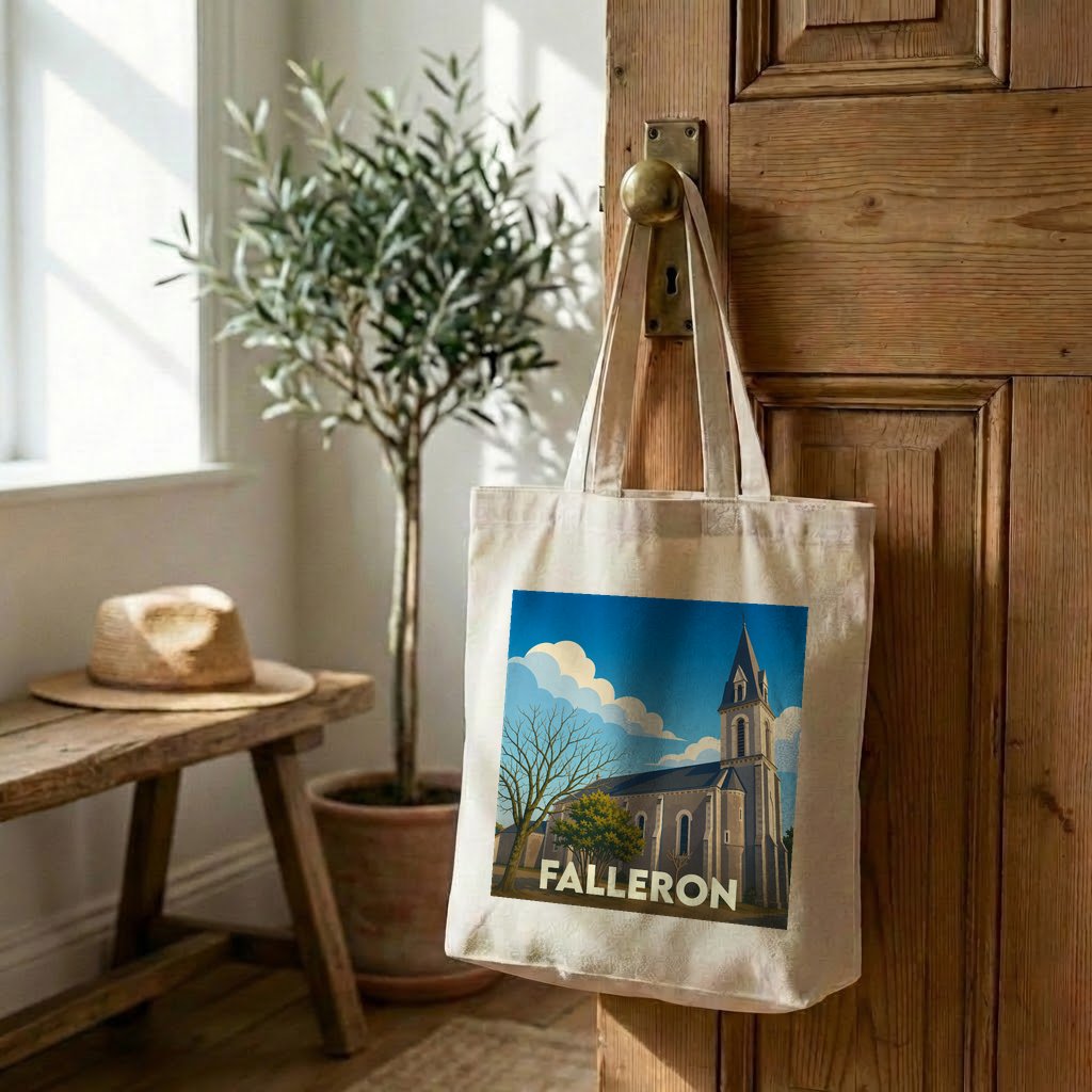 Tote bag souvenir de la ville de Falleron avec une illustration stylisée de son église.