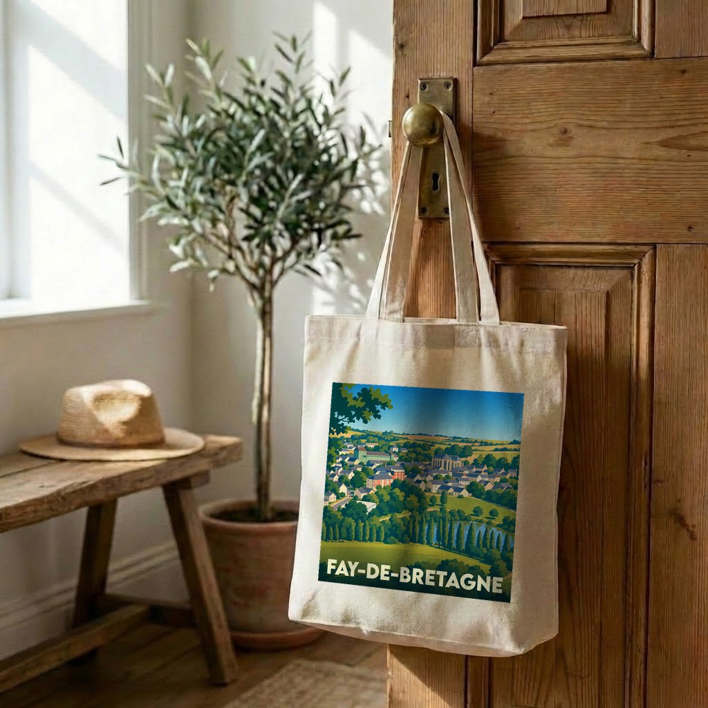 Tote bag souvenir de la ville de Fay-de-Bretagne avec une illustration de paysage stylisée.