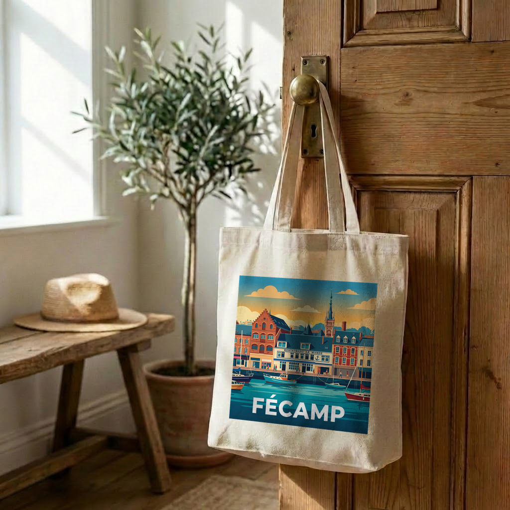 Tote bag souvenir de la ville de Fécamp avec une illustration stylisée.