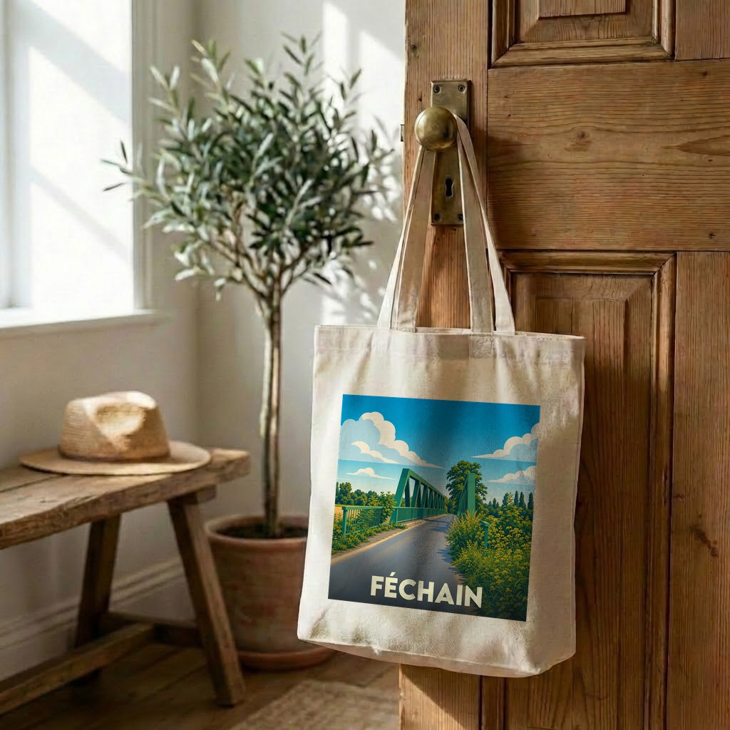 Tote bag souvenir de la ville de Féchain avec une illustration stylisée d'un pont verdoyant.
