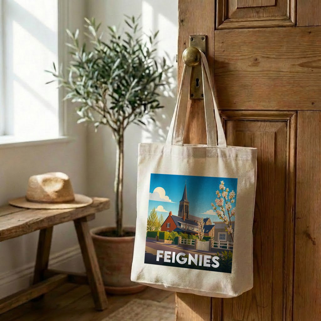 Tote bag souvenir de la ville de Feignies avec une illustration stylisée.