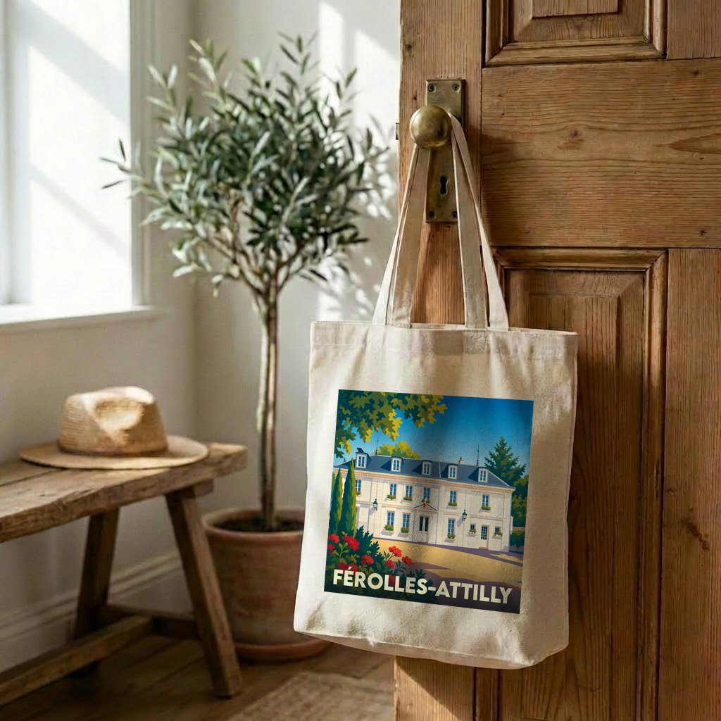Tote bag souvenir de la ville de Férolles-Attilly avec une illustration stylisée.