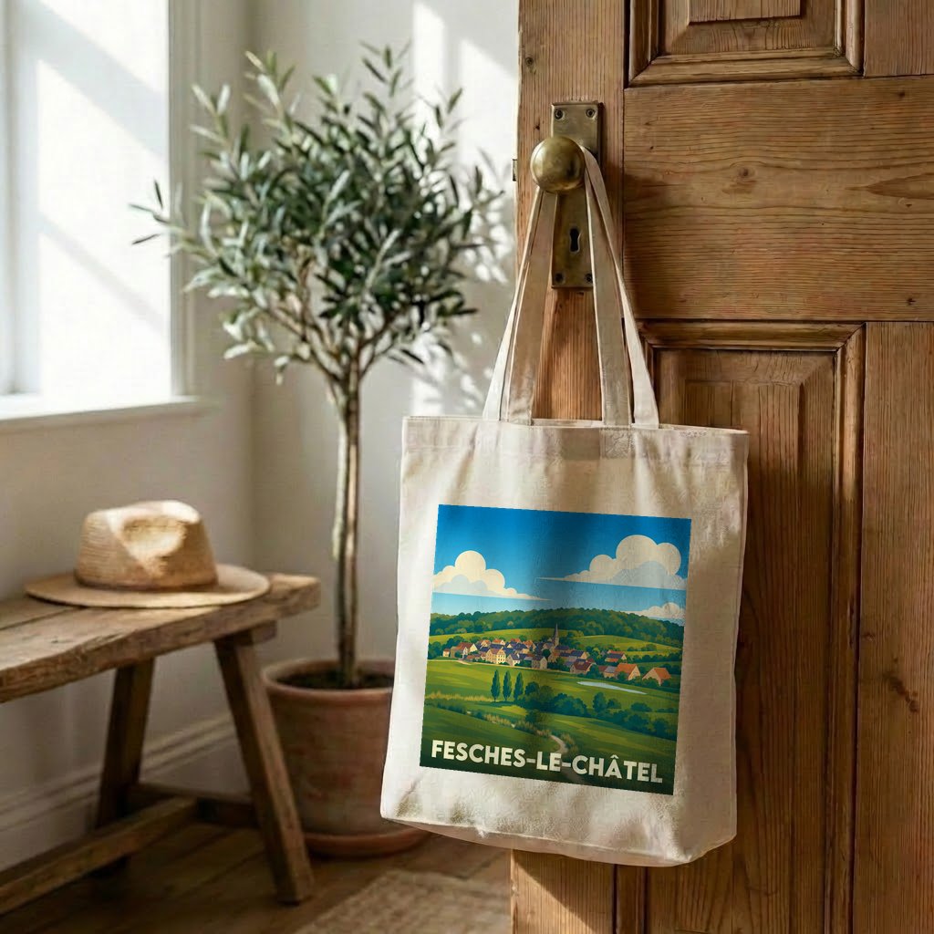 Tote bag souvenir de la ville de Fesches-le-Châtel avec une illustration de paysage champêtre.