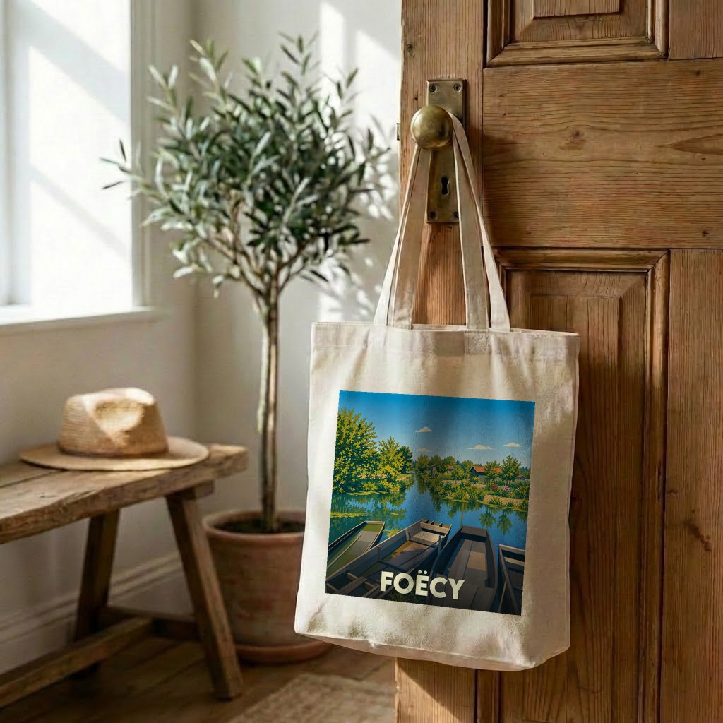 Tote bag souvenir de la ville de Foëcy avec une illustration stylisée d'un paysage de rivière.