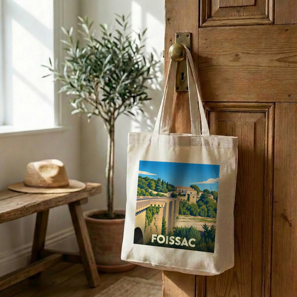 Tote bag souvenir de la ville de Foissac avec une illustration stylisée d'un pont et d'un village.