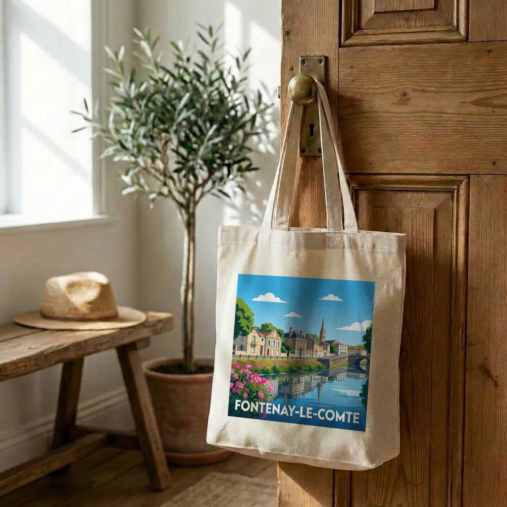 Tote bag souvenir de la ville de Fontenay-le-Comte avec une illustration stylisée.