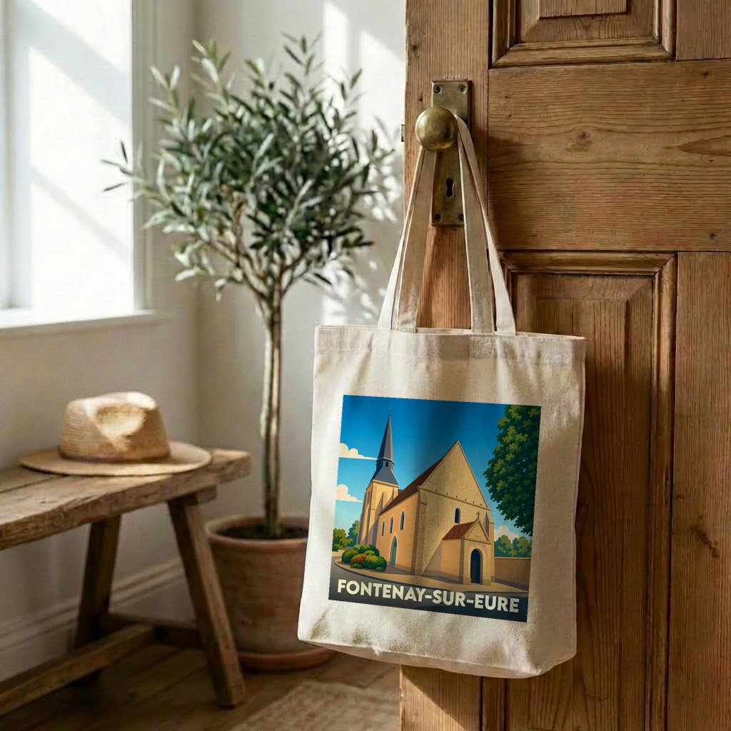 Tote bag souvenir de la ville de Fontenay-sur-Eure avec une illustration stylisée d'une église.