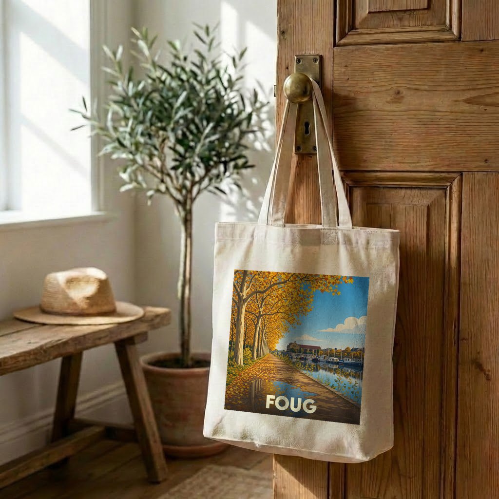 Tote bag souvenir de la ville de Foug avec une illustration automnale stylisée.