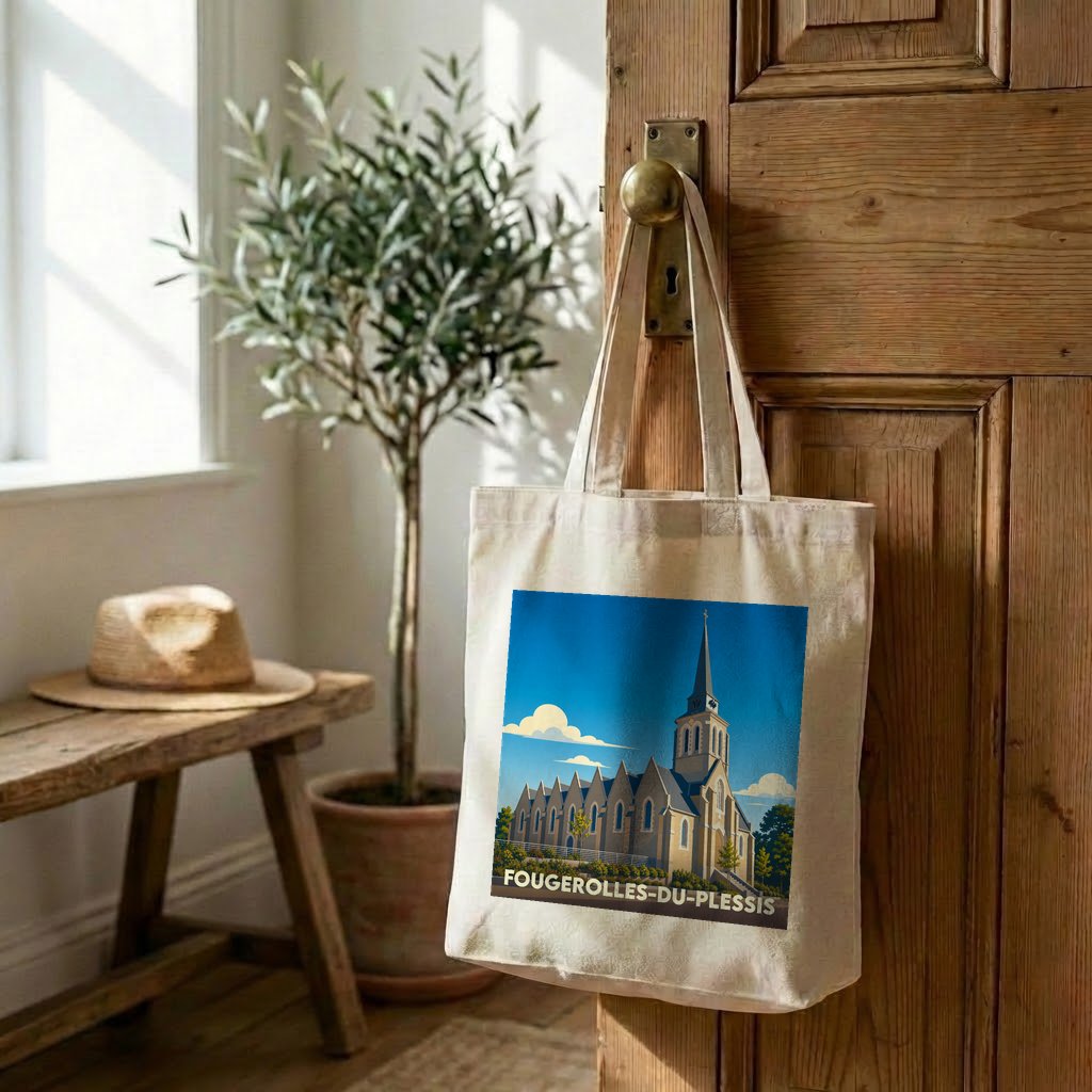 Tote bag souvenir de la ville de Fougerolles-du-Plessis avec une illustration stylisée de son église.