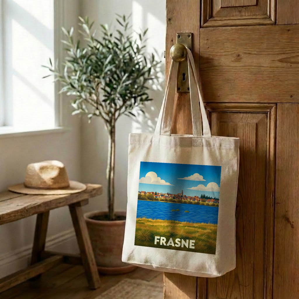 Tote bag souvenir de la ville de Frasne avec une illustration stylisée.