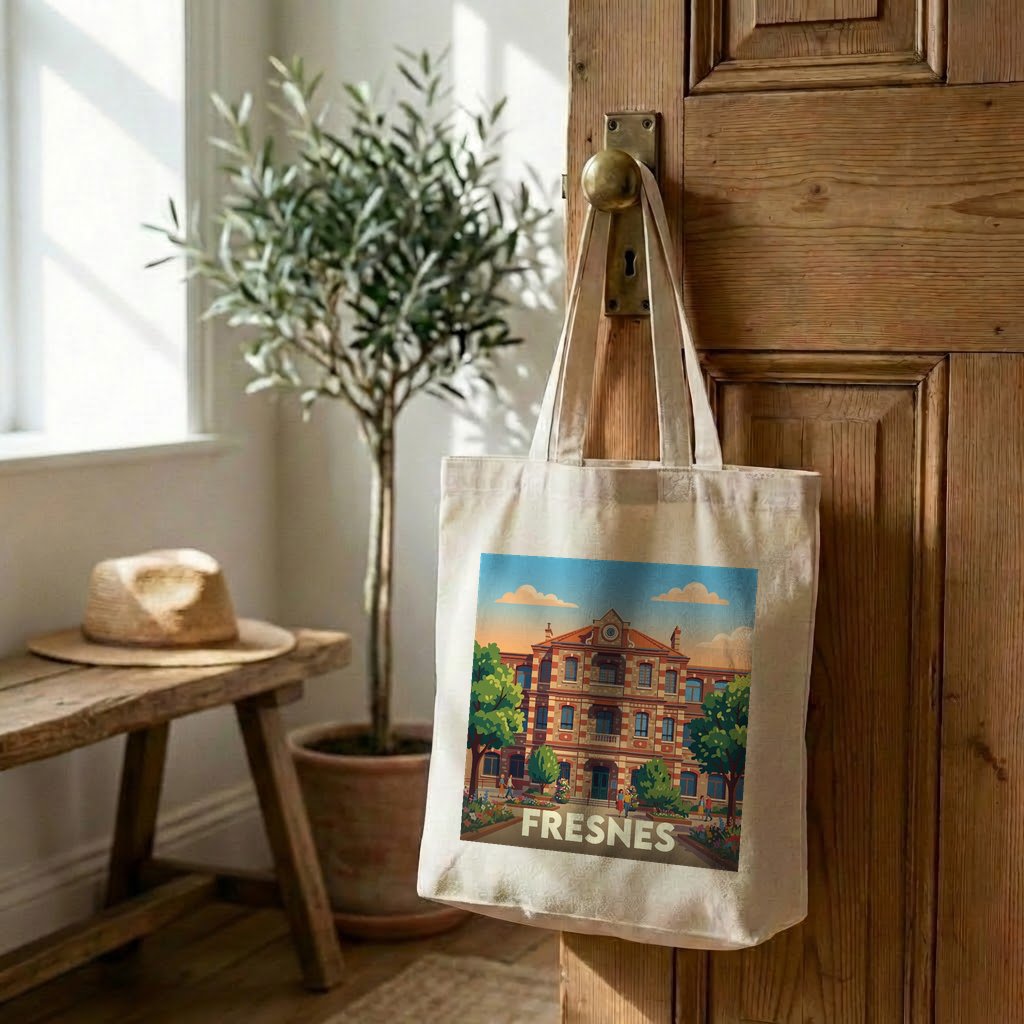 Tote bag souvenir de la ville de Fresnes avec une illustration stylisée.