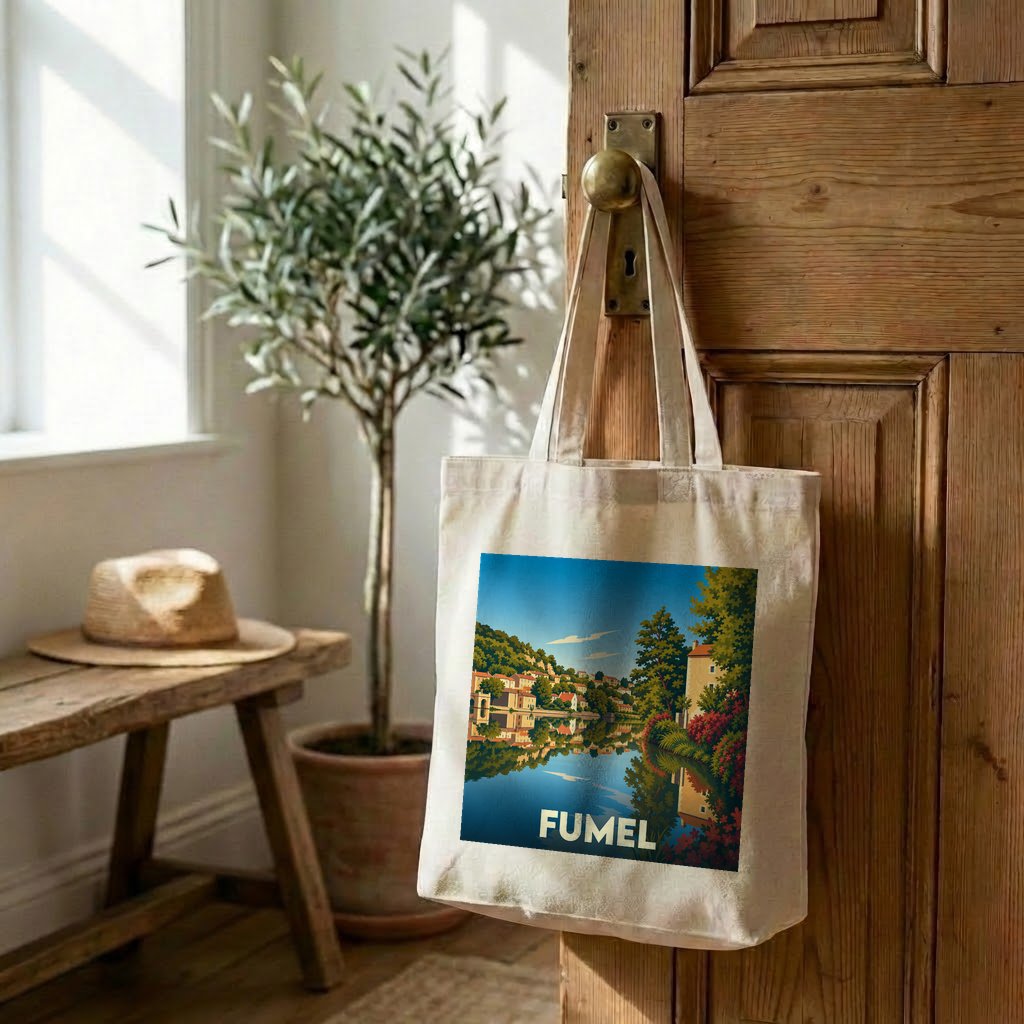 Sac cabas souvenir de la ville de Fumel avec une illustration stylisée.