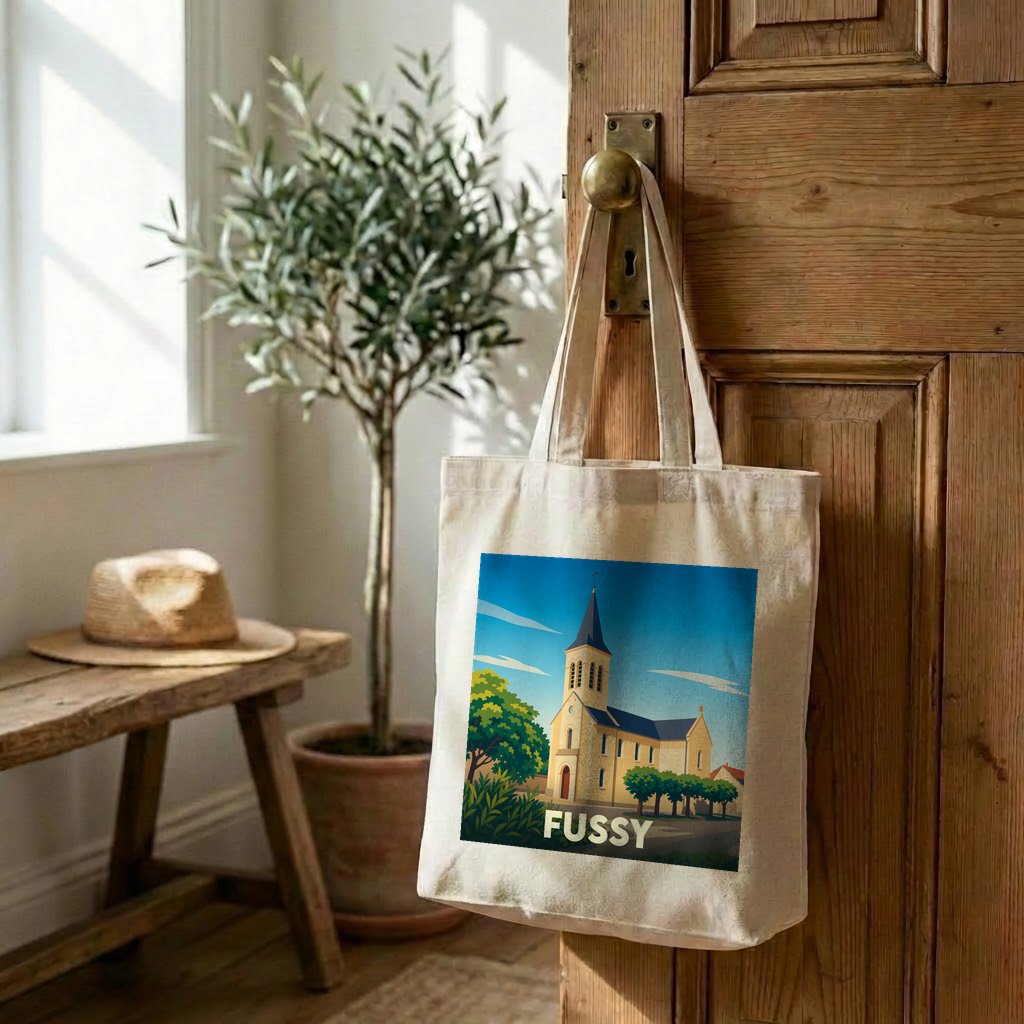 Tote bag souvenir de la ville de Fussy avec une illustration stylisée.