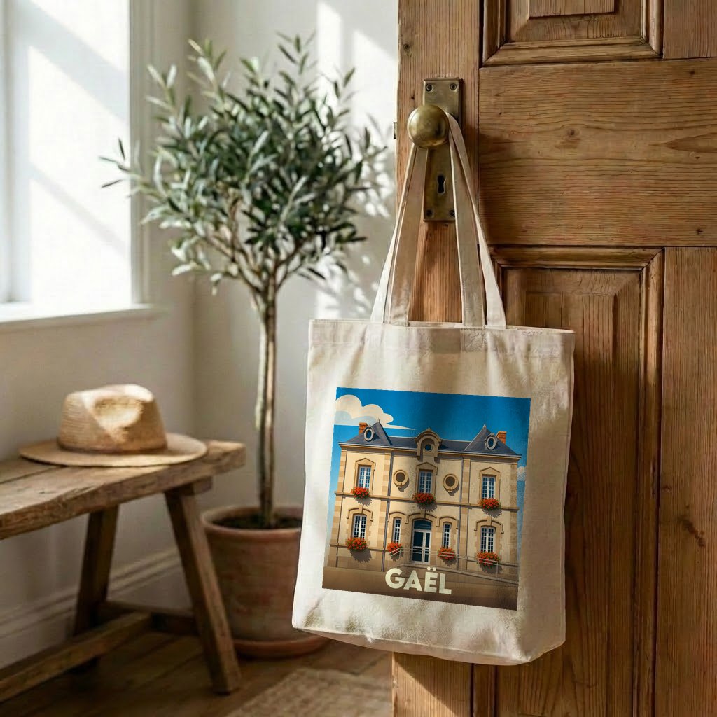 Tote bag souvenir de la ville de Gaël avec une illustration stylisée d'un bâtiment historique.