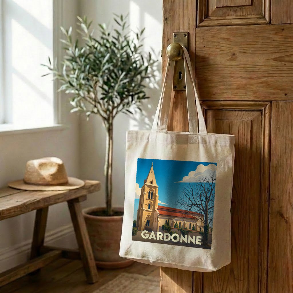 Tote bag souvenir de la ville de Gardonne avec une illustration stylisée de son église.