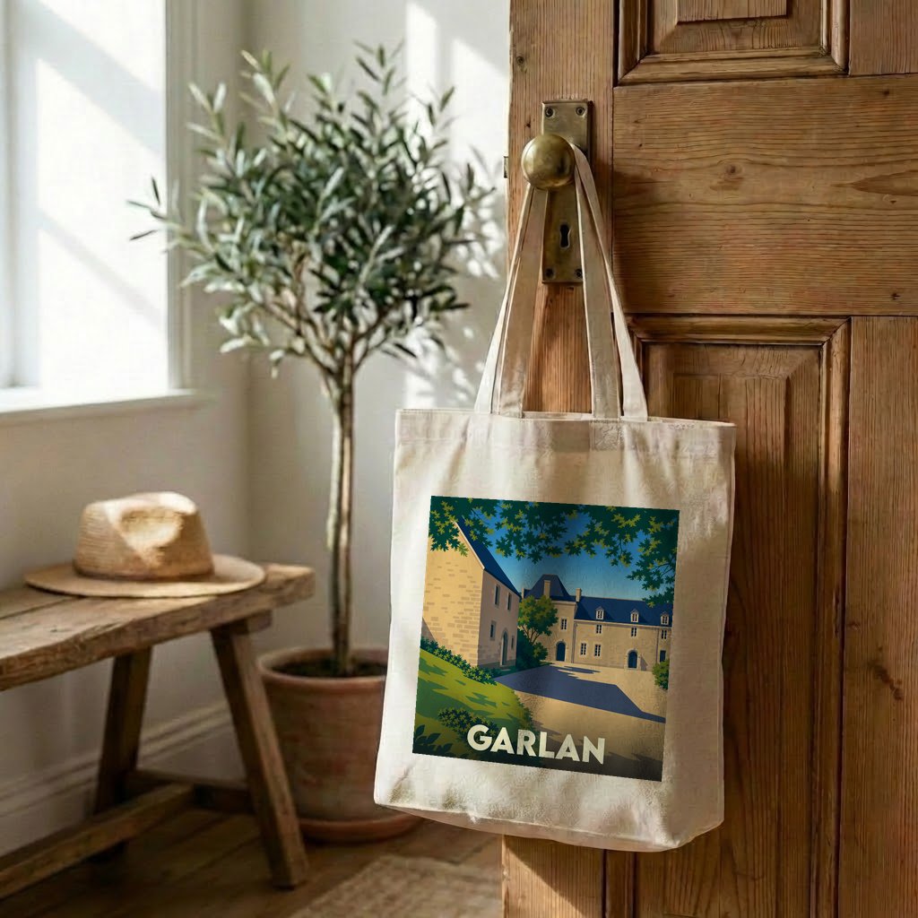 Tote bag souvenir de la ville de Garlan avec une illustration stylisée.