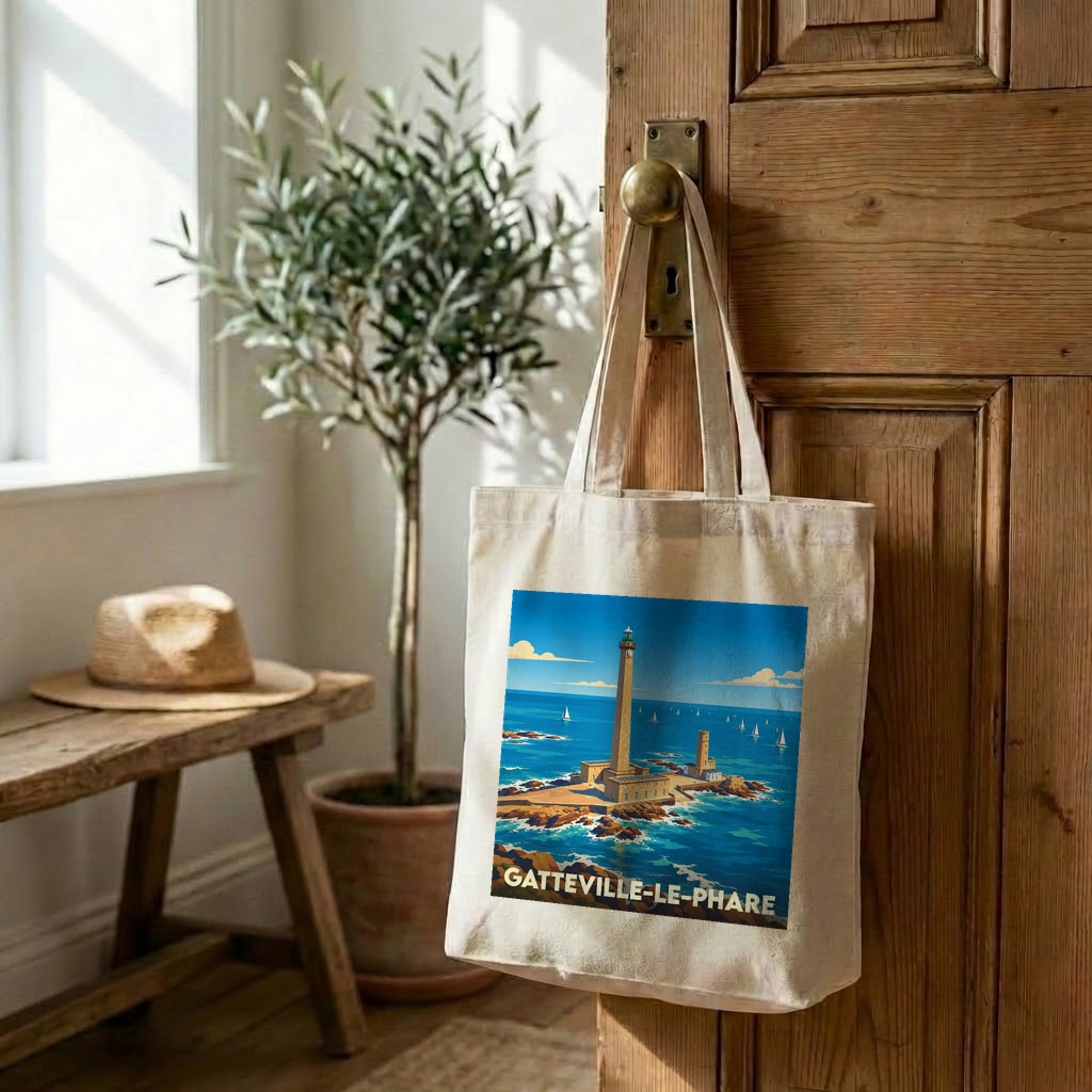 Tote bag souvenir de Gatteville-le-Phare avec une illustration stylisée de son phare.