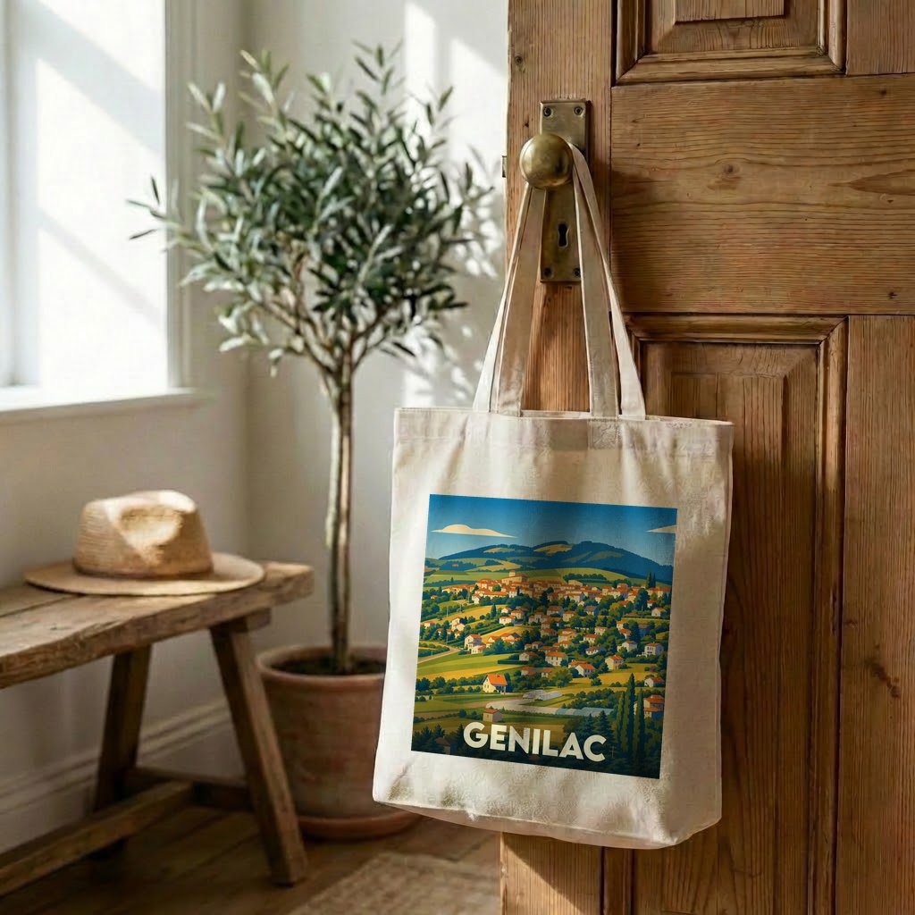 Tote bag souvenir de la ville de Genilac avec une illustration paysagère stylisée.