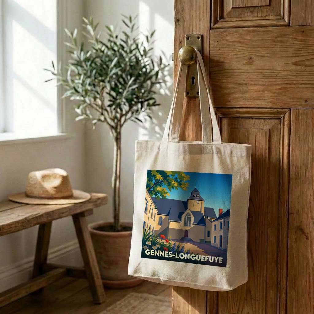 Tote bag souvenir de la ville de Gennes-Longuefuye avec une illustration stylisée.