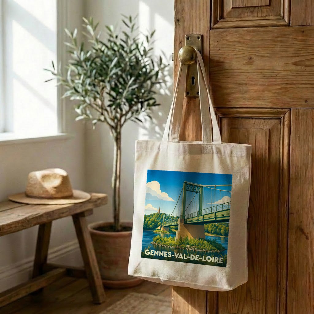 Tote bag souvenir de la ville de Gennes-Val-de-Loire avec une illustration stylisée de son pont suspendu.