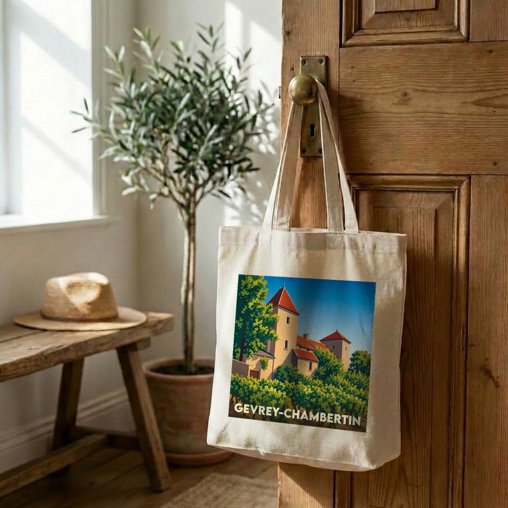 Tote bag souvenir de la ville de Gevrey-Chambertin avec une illustration stylisée de son paysage urbain.