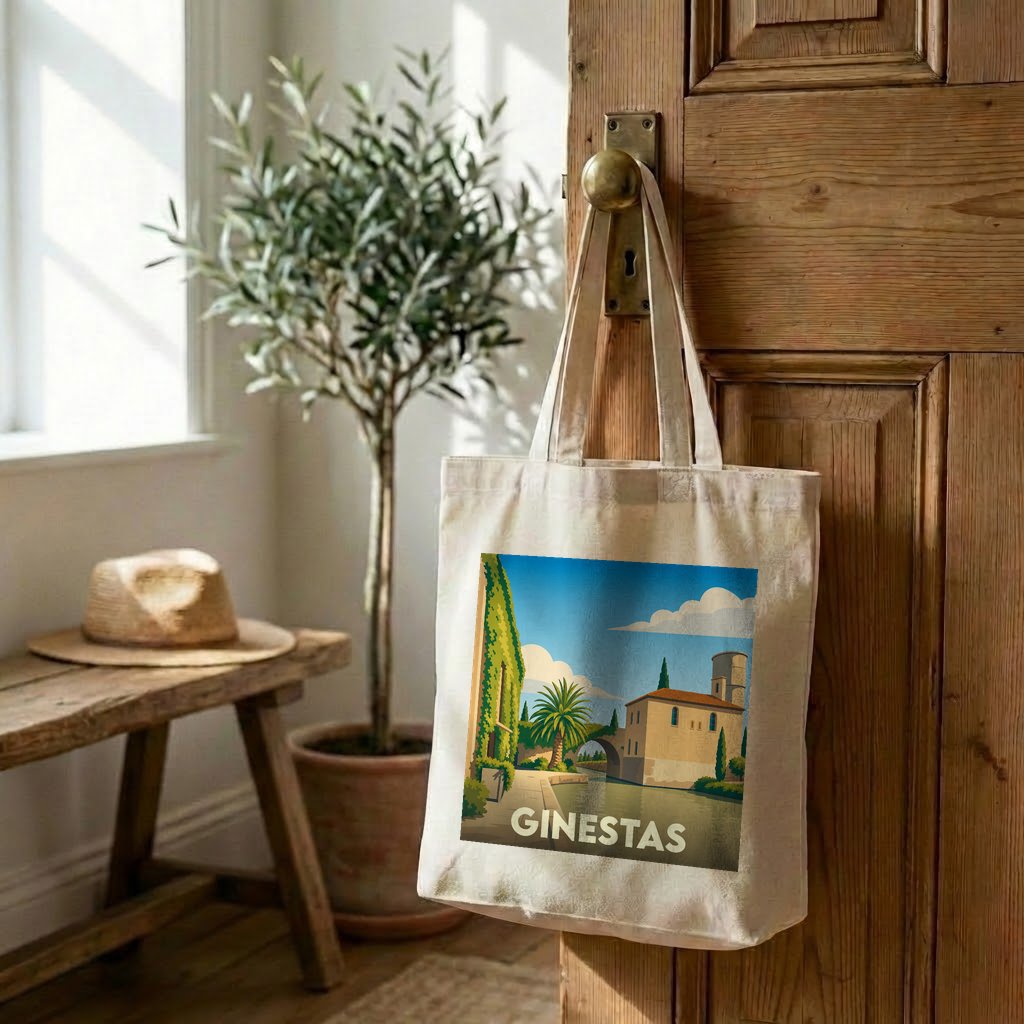 Tote bag souvenir de la ville de Ginestas avec une illustration stylisée.