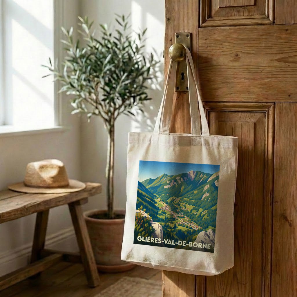 Tote bag souvenir de Glières-Val-de-Borne illustré par un paysage de montagne stylisé.
