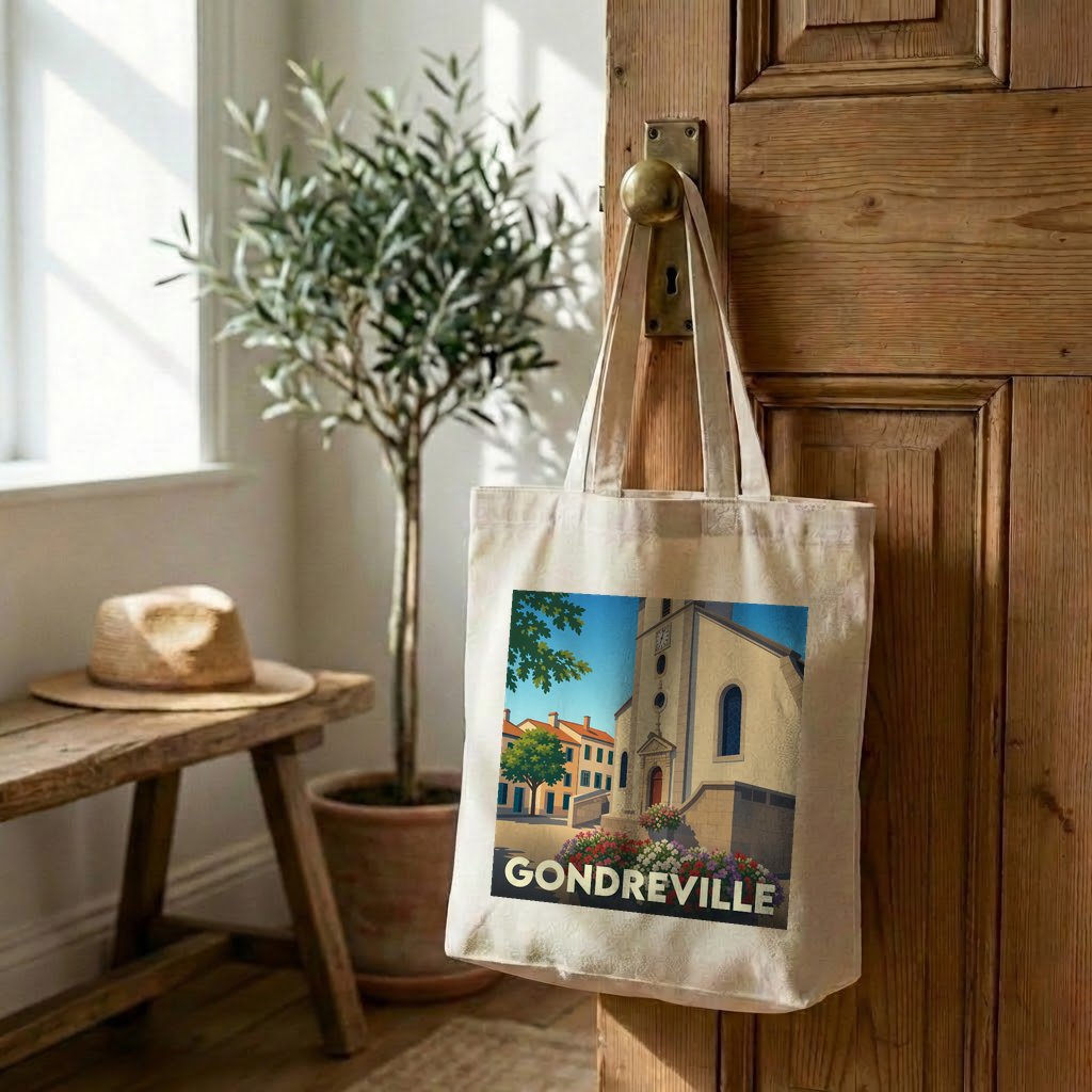 Tote bag souvenir de la ville de Gondreville avec une illustration stylisée d'une église fleurie.