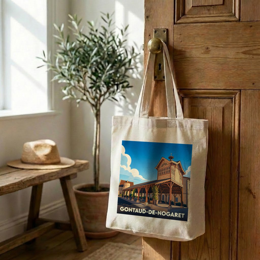 Tote bag souvenir de la ville de Gontaud-de-Nogaret avec une illustration stylisée de sa halle.