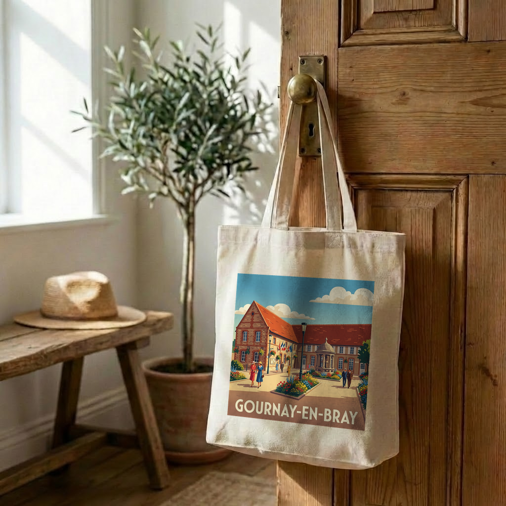 Tote bag souvenir de la ville de Gournay-en-Bray avec une illustration stylisée.