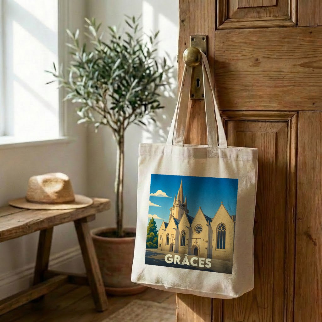 Tote bag souvenir de la ville de Grâces avec une illustration stylisée de son église.