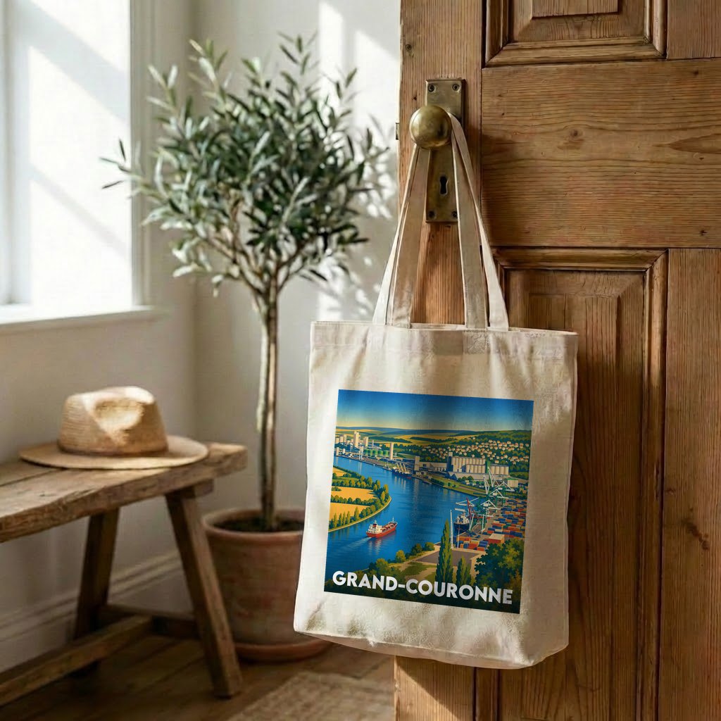 Sac cabas souvenir de la ville de Grand-Couronne avec une illustration stylisée de son port fluvial.