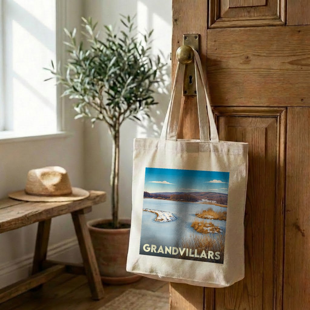 Tote bag souvenir de la ville de Grandvillars illustré d'un paysage hivernal stylisé.