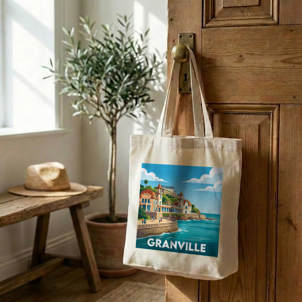 Tote bag souvenir de la ville de Granville avec une illustration stylisée de son bord de mer.