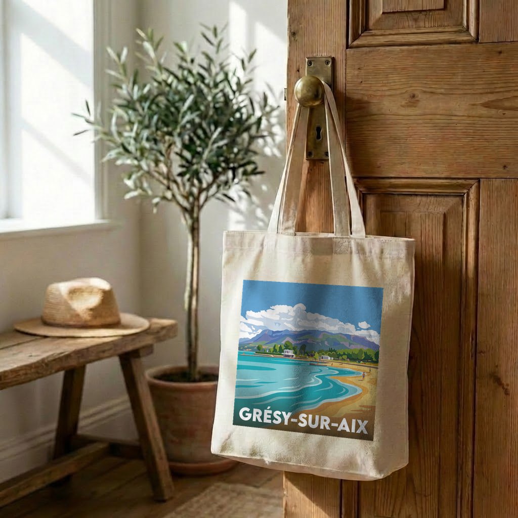 Tote bag souvenir de la ville de Grésy-sur-Aix avec une illustration stylisée.