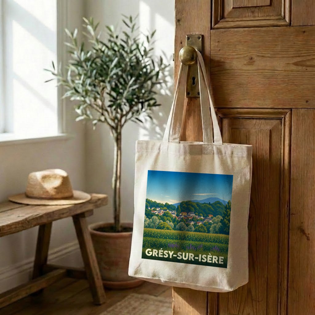 Tote bag souvenir de la ville de Grésy-sur-Isère illustré d'un paysage naturel et coloré.
