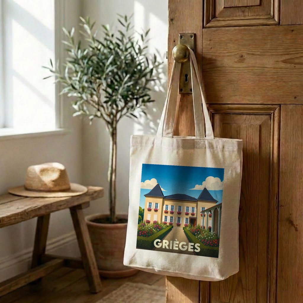 Tote bag souvenir de la ville de Grièges avec une illustration stylisée d'une demeure bourgeoise.